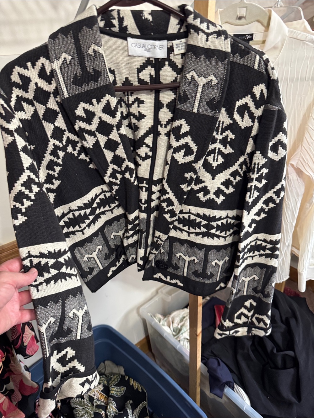 Casual Corner Black and Cream Geometric Open Cardigan